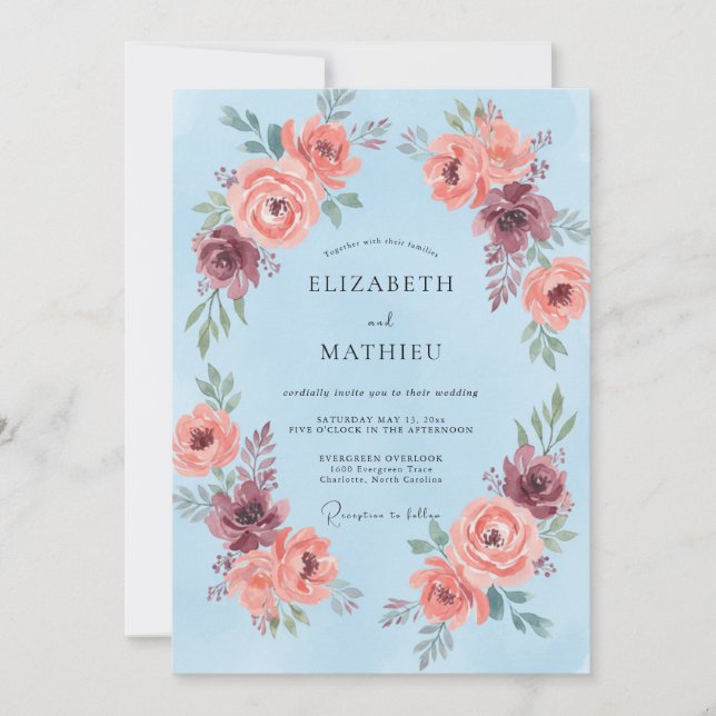Invitación Boda Corona Floral Azul Cielo (Anverso)