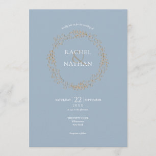 Invitación Boda Corona Floral Azul Polvoriento Laurel