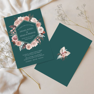 Invitación Boda Corona Floral Boho Verde Esmeralda Rosa