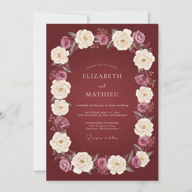 Invitación Boda Corona Floral Borgoña (Anverso)