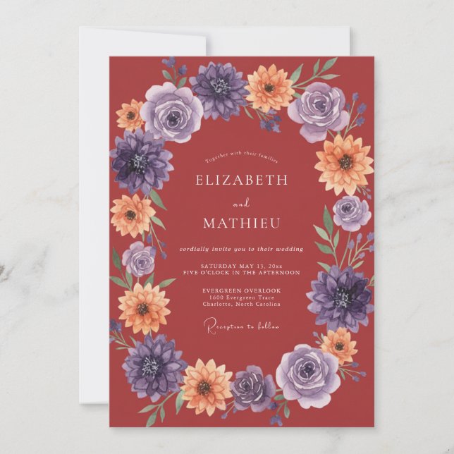 Invitación Boda Corona Floral Carmesí (Anverso)