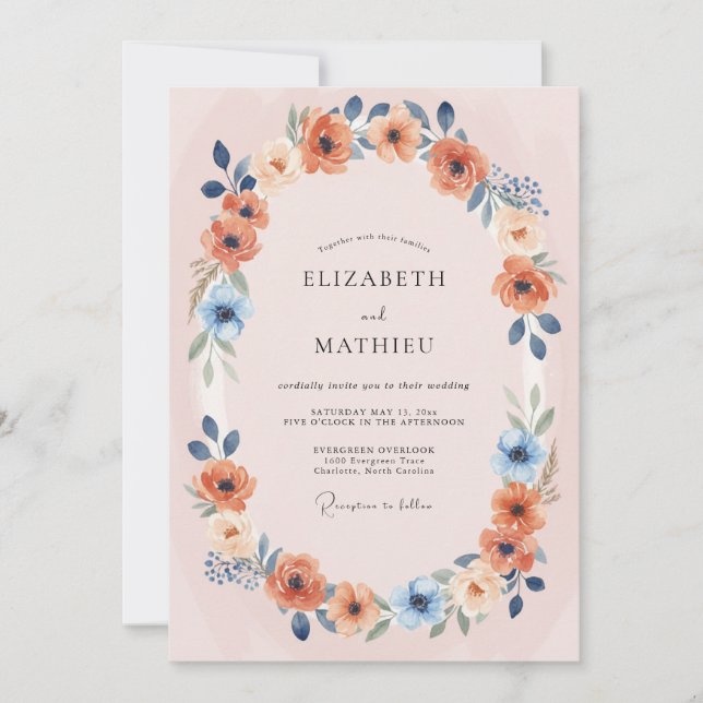 Invitación Boda Corona Floral Coral Blush (Anverso)