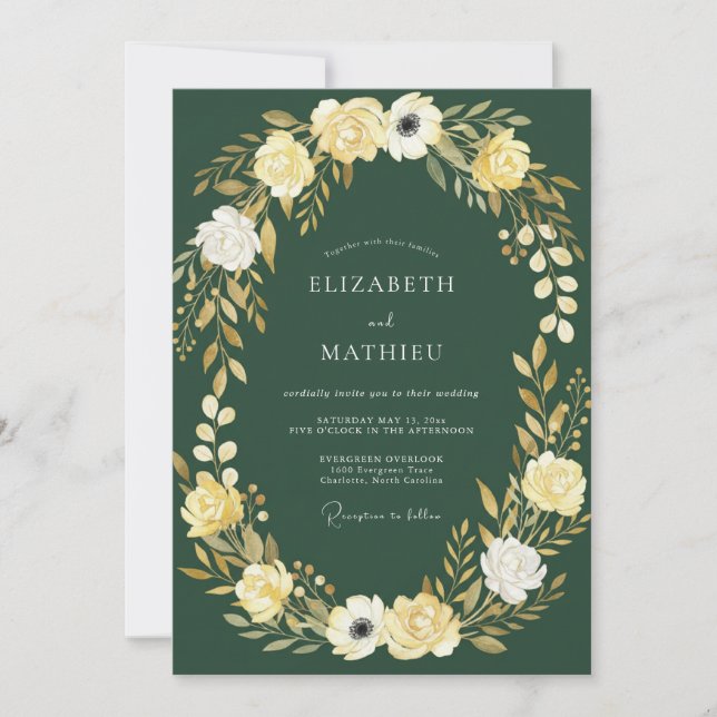 Invitación Boda Corona Floral Esmeralda (Anverso)