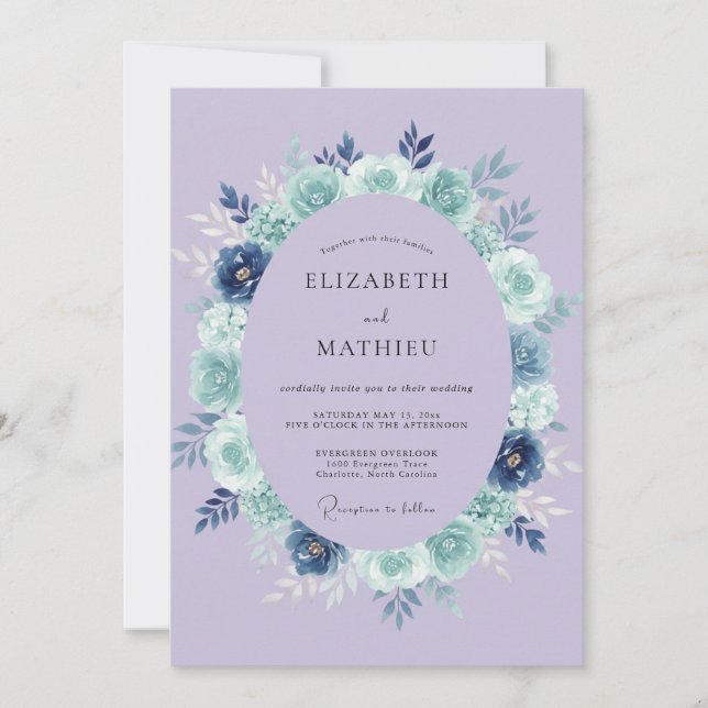 Invitación Boda Corona Floral Lavanda Azul (Anverso)