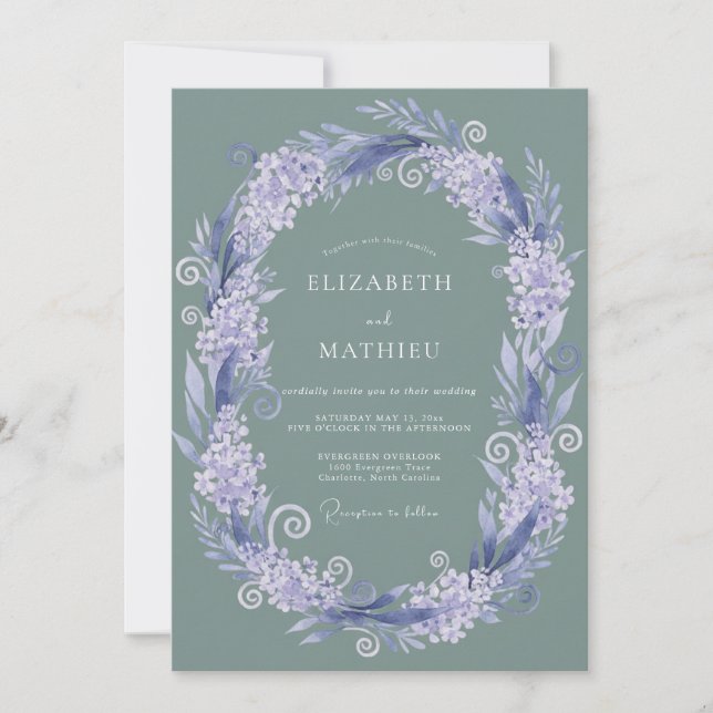 Invitación Boda Corona Floral Lavanda Salvia (Anverso)