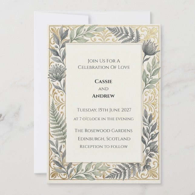 Invitación Boda Corona Floral Oro Azul (Anverso)