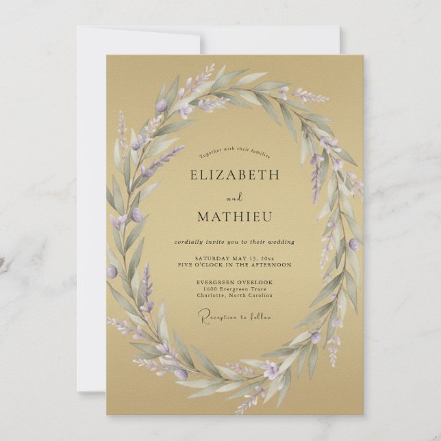 Invitación Boda Corona Lila Pálido Ocra (Anverso)