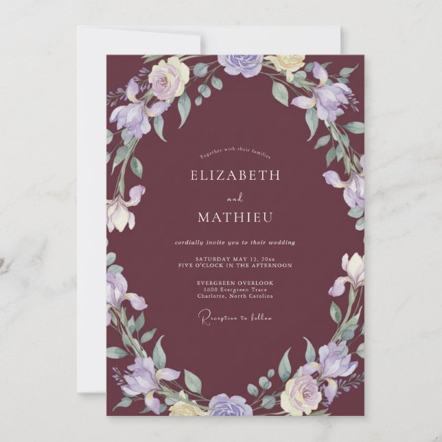 Invitación Boda Corona Lila Vino Profundo (Anverso)