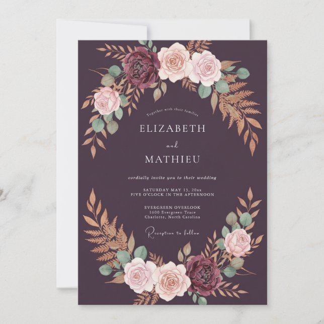Invitación Boda Corona Lujo Morado Profundo (Anverso)
