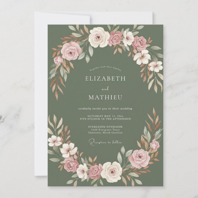 Invitación Boda Corona Oliva Malva (Anverso)