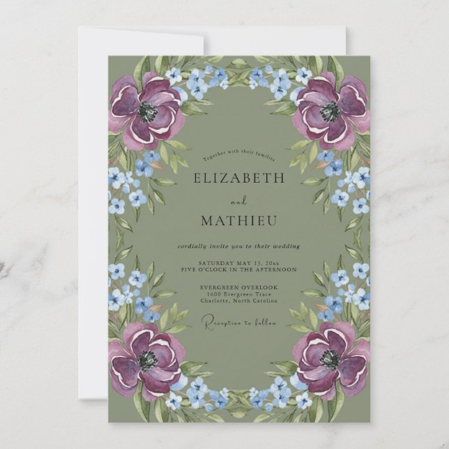 Invitación Boda Corona Oliva Malva Azul (Anverso)