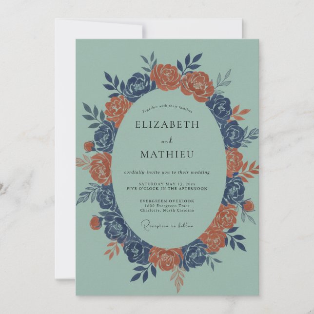 Invitación Boda Corona Quemado Naranja Celadón (Anverso)