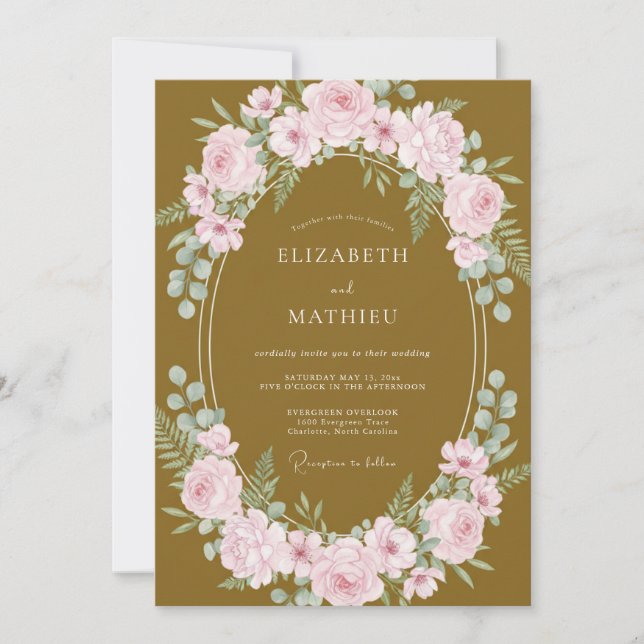 Invitación Boda Corona Rosa Mostaza (Anverso)