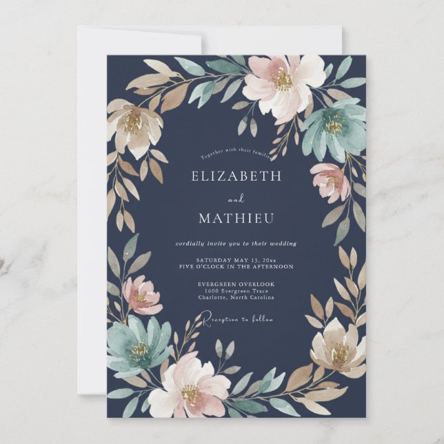 Invitación Boda Corona Rosa Pálido Navy (Anverso)