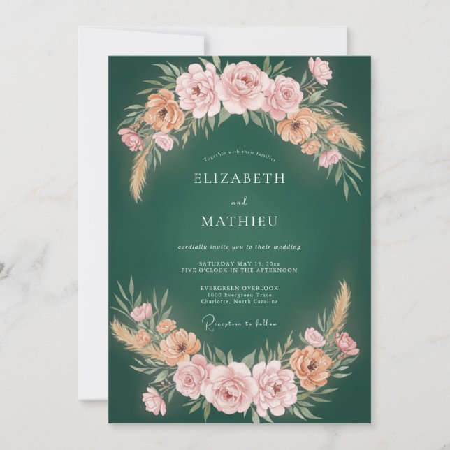 Invitación Boda Corona Rosa Rubor Esmeralda (Anverso)