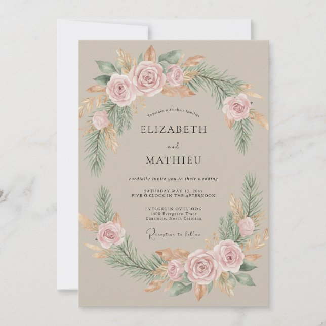 Invitación Boda Corona Rosa Taupe (Anverso)