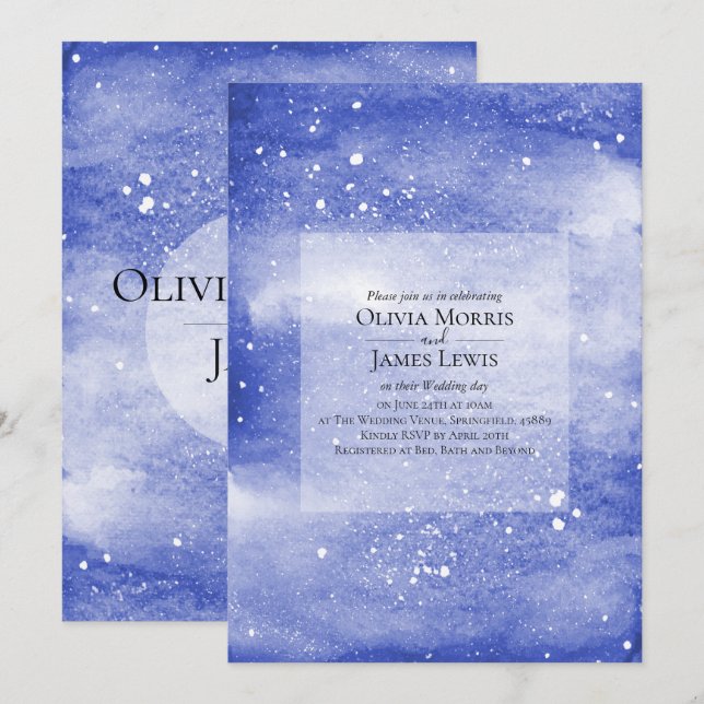 Invitación Boda cósmico azul de la Galaxia del cielo nocturno (Anverso / Reverso)