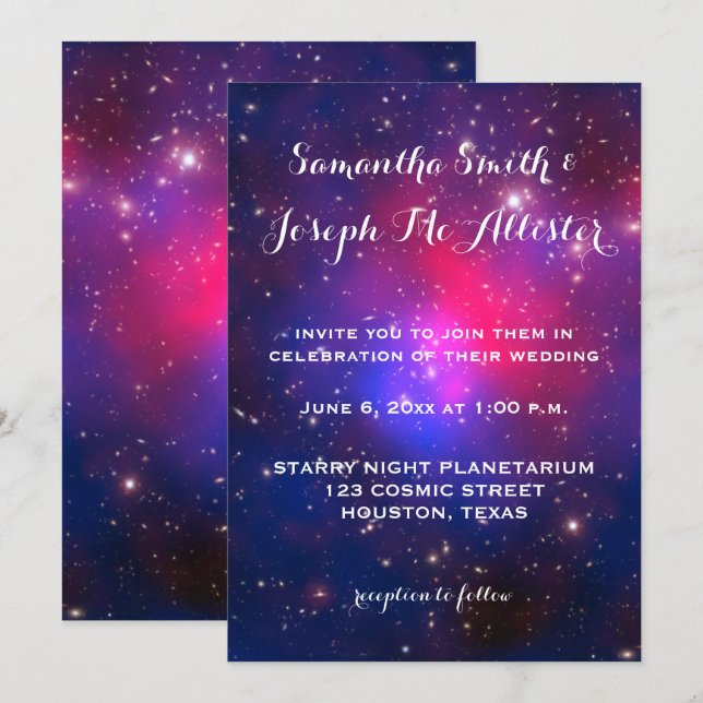 Invitación Boda cósmico de la galaxia azul y rosa caliente (Anverso / Reverso)