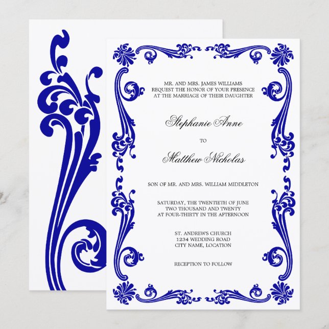 Invitación Boda Cosmopolitan Royal Blue Flourils Swirls (Anverso / Reverso)