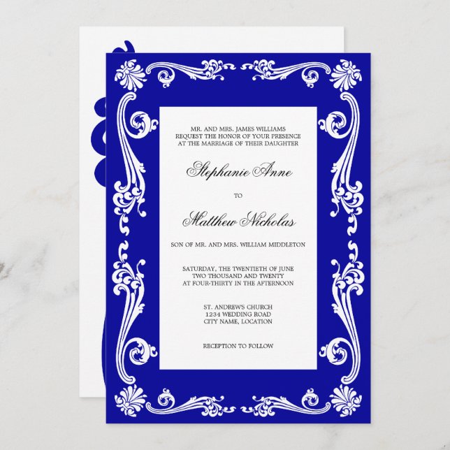 Invitación Boda Cosmopolitan Royal Blue Flourils Swirls (Anverso / Reverso)