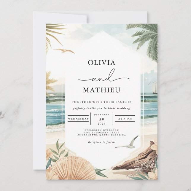 Invitación Boda costera acuarela de playa (Anverso)