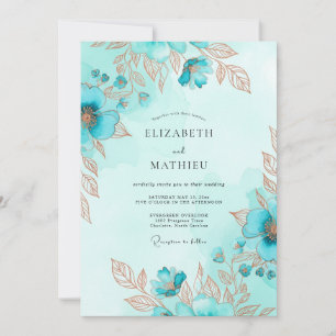 Invitación Boda Costera Acuarela Metálica Verde Teal