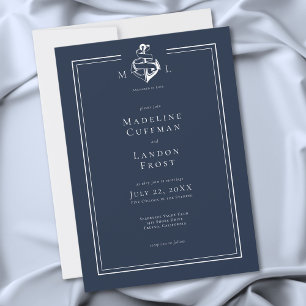 Invitación Boda Costera Ancla Náutica Minimalista Blanco Azul
