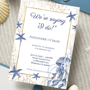 Invitación Boda Costera Azul Marino y Dorado