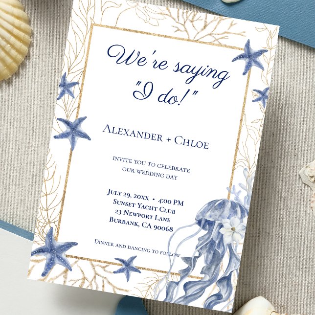 Invitación Boda Costera Azul Marino y Dorado (Coastal Wedding Navy Blue Gold Invitation)