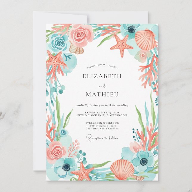 Invitación Boda Costera Caprichosa de Coral (Anverso)