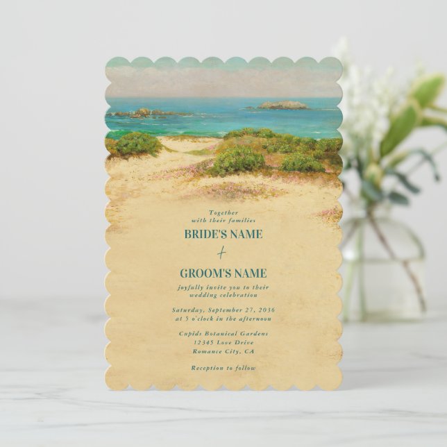 Invitación Boda costera con acuarela en la playa (Anverso de pie)
