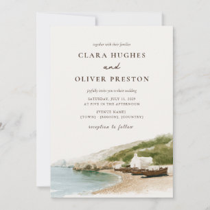 Invitación Boda costera con arena cálida, azul verdoso apagad
