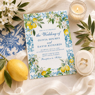 Invitación Boda Costera con Azulejo Azul de Limón Mediterráne