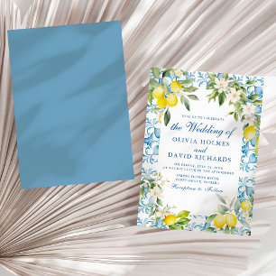 Invitación Boda Costera con Azulejo Azul de Limón Mediterráne