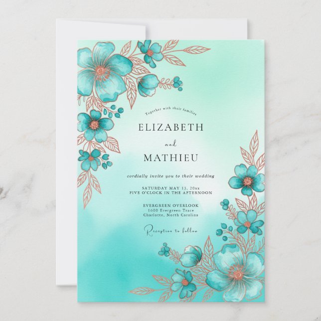 Invitación Boda costera con brillo verde azulado (Anverso)