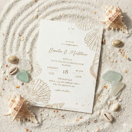 Invitación Boda Costera con Conchas de Oro Blanco Elegante