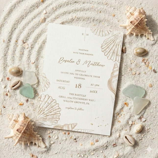 Invitación Boda Costera con Conchas de Oro Blanco Elegante (Subido por el creador)