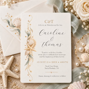 Invitación Boda Costera con Estrellas de Mar y Conchas Marina