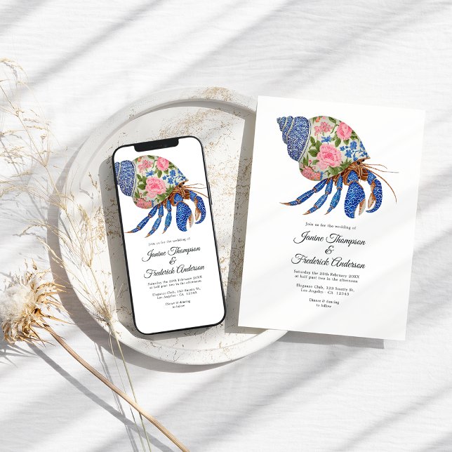 Invitación Boda Costera con Florales y Mariscos (Floral Shelllfish Coastal Wedding Invitation)
