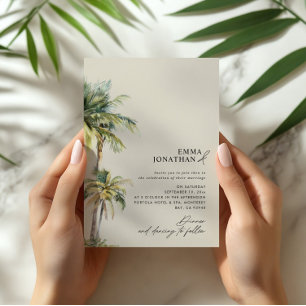 Invitación Boda costera de destino de árbol de palma de acuar