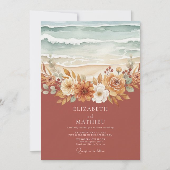 Invitación Boda Costera de Floración de Terracota (Anverso)