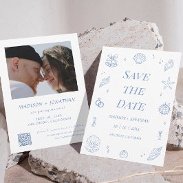 Invitación Boda costera de mano azul para salvar la fecha