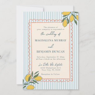 Invitación Boda costera de melocotón con franja azul y limón