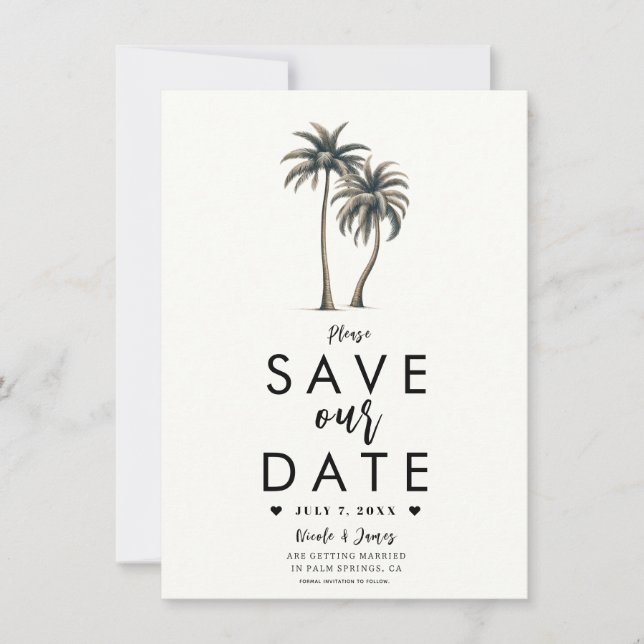 Invitación Boda costera de palmeras tropicales Guardar la fec (Anverso)
