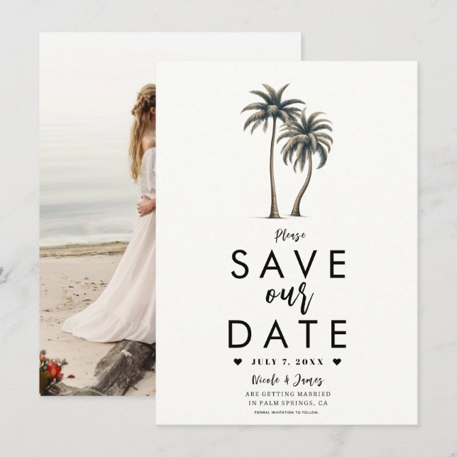 Invitación Boda costera de palmeras tropicales Guardar la fec (Anverso / Reverso)