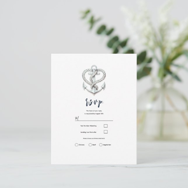 Invitación Boda costera del Ancla del Corazón Náutico RSVP (Anverso de pie)