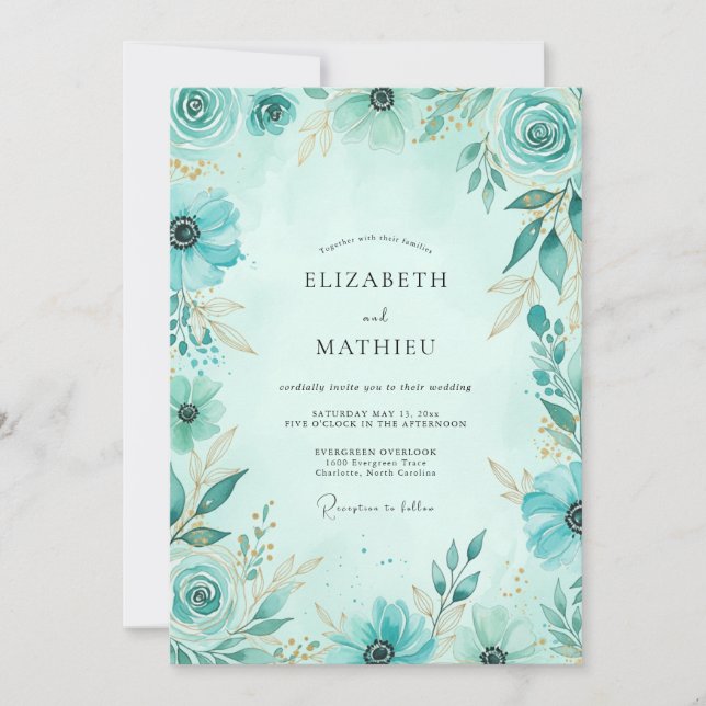 Invitación Boda Costera Delicada en Verde Azul (Anverso)