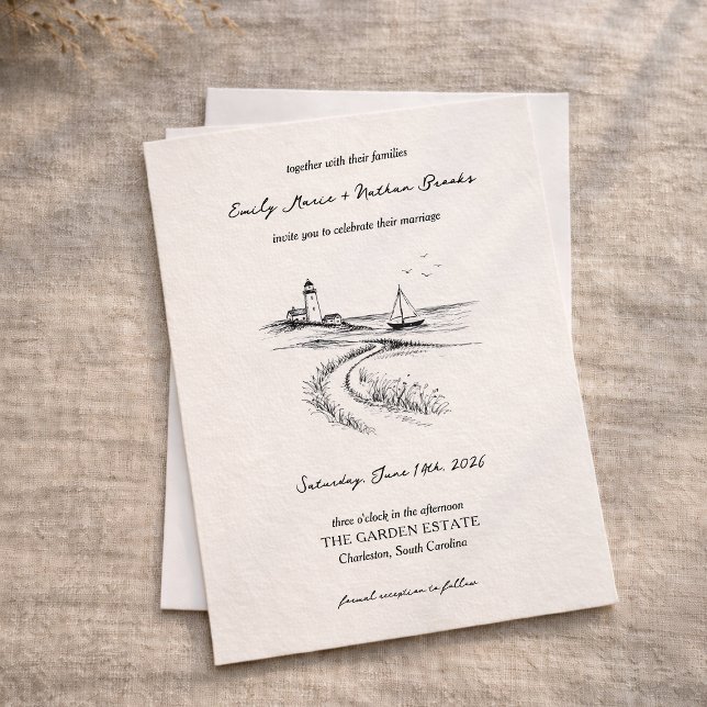 Invitación Boda Costera Dibujada a Mano en Blanco y Negro (Subido por el creador)