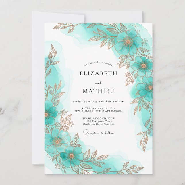 Invitación Boda Costera Dorada Acuática (Anverso)