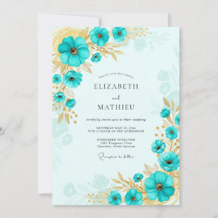 Invitación Boda Costera Dorada Turquesa Brillante